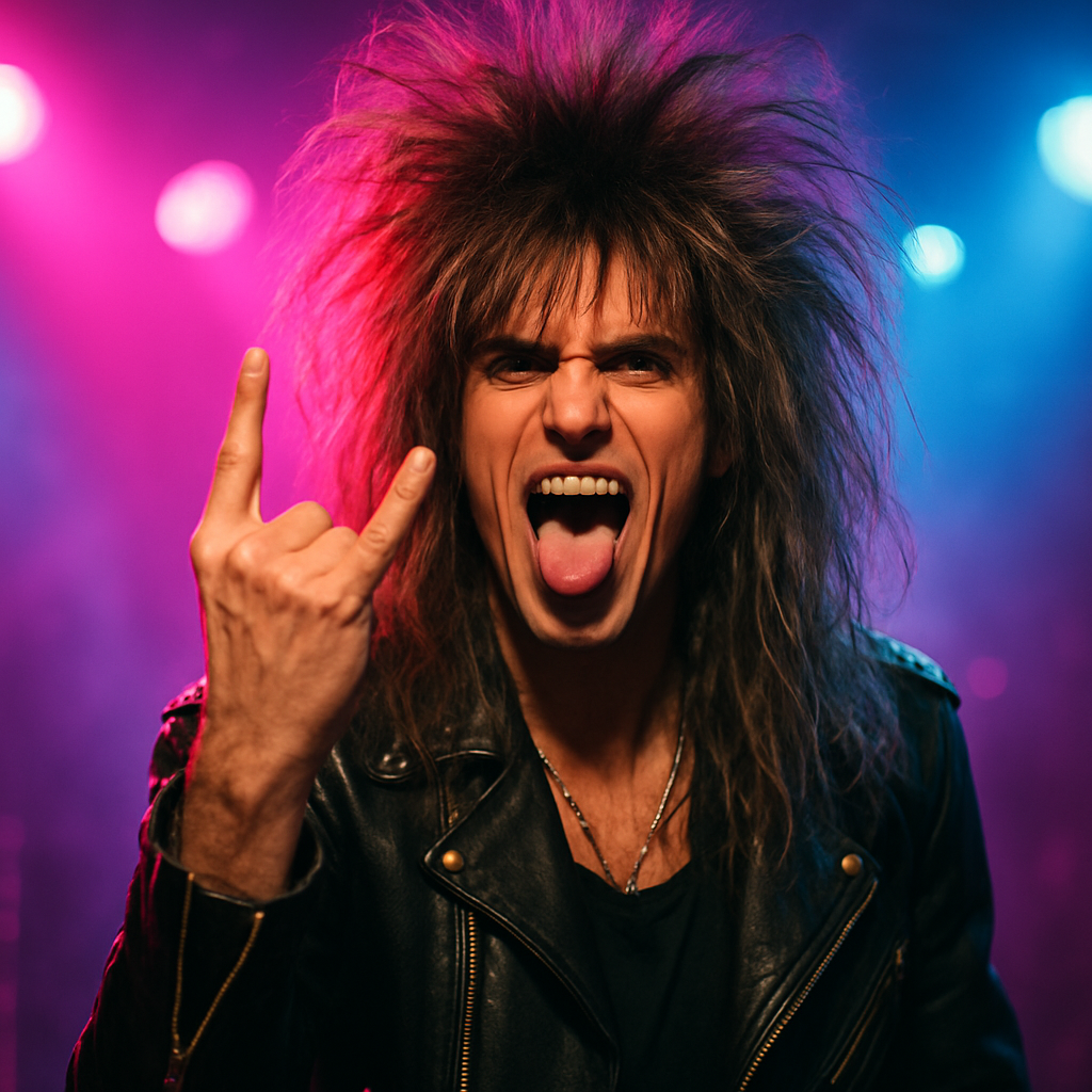 Ronny reimagined as an 80s rock legend on stage