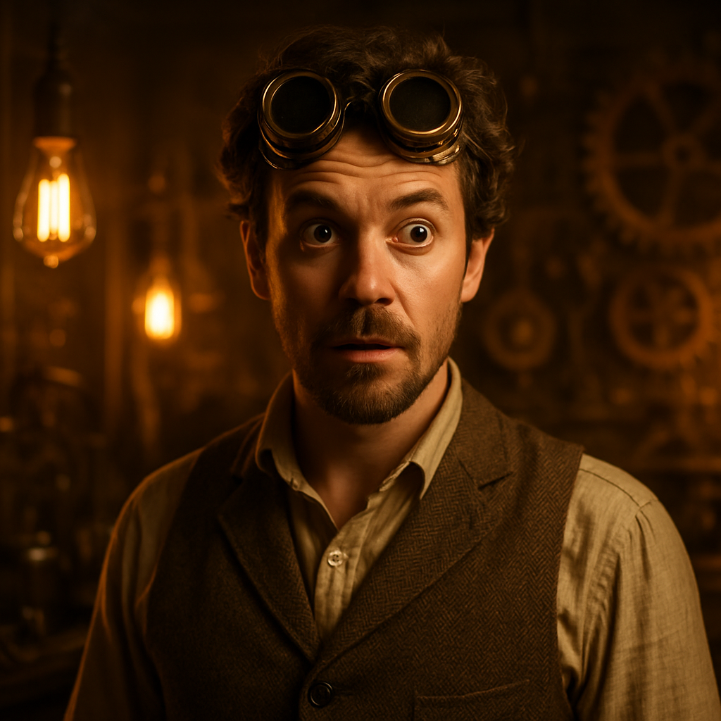 Ronny reimagined as a steampunk inventor in a workshop